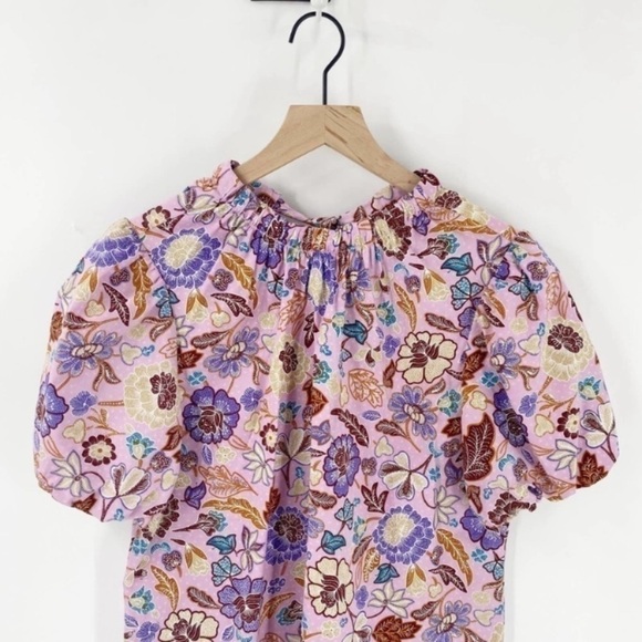 Ann Taylor Purple & Pink Batik Floral Tie Nape Puff Sleeve Blouse - Picture 8 of 11